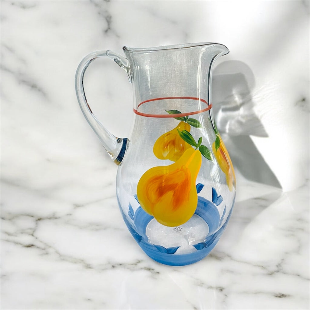 Brocca in vetro dipinto a mano decoro mele Studio Pitti clear glass pitcher with hand-painted pear design 2L capacity