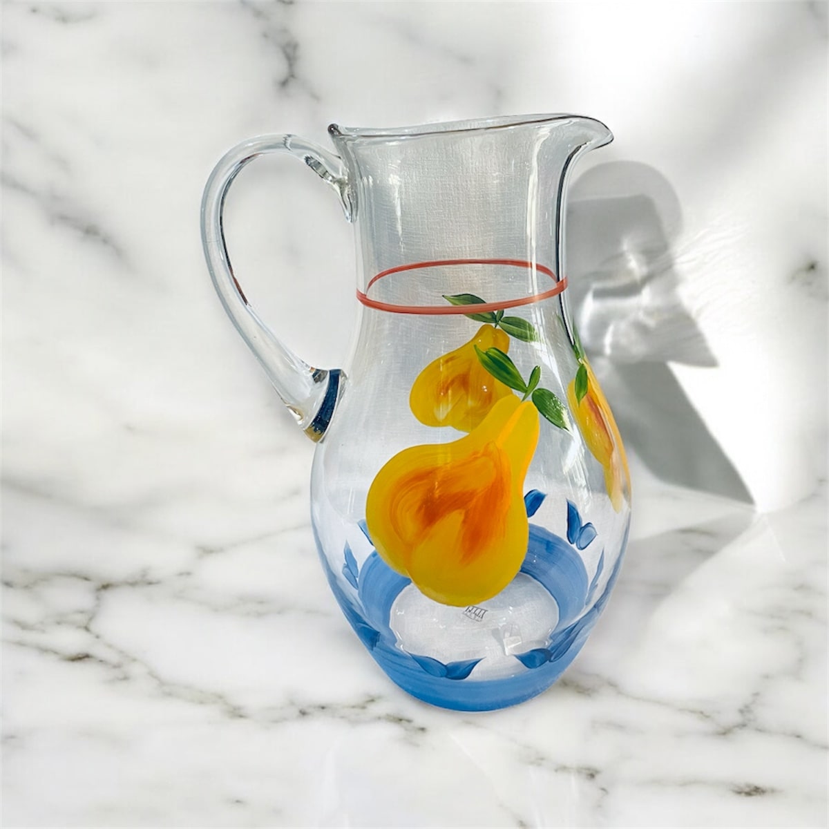 Brocca in vetro dipinto a mano decoro mele Studio Pitti clear glass pitcher with hand-painted pear design 2L capacity