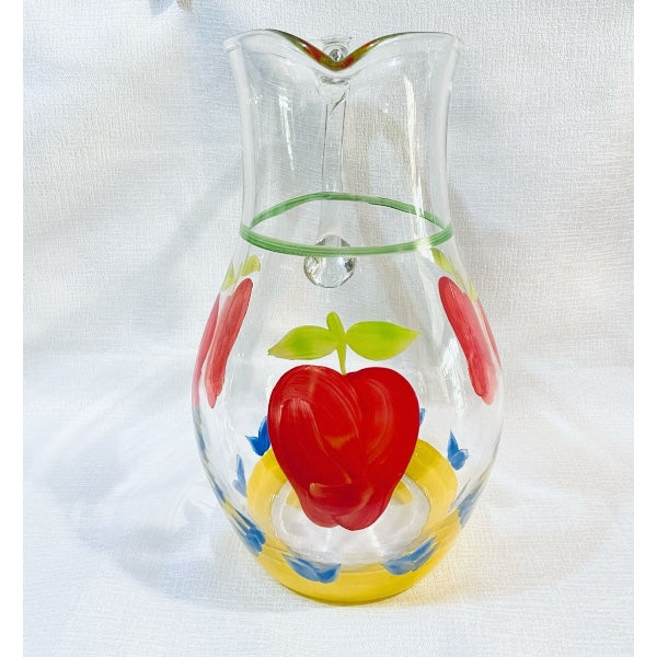 Brocca in vetro dipinto a mano decoro mele e pere Studio Pitti hand-painted glass pitcher with apple design