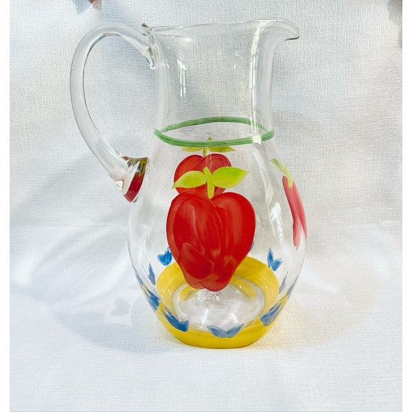 Brocca in vetro dipinto a mano decoro mele e pere Studio Pitti, 2L hand-painted glass pitcher with apple design.