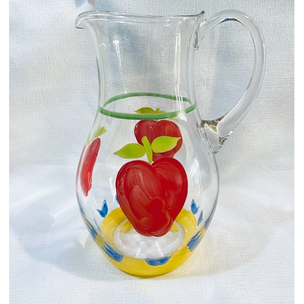 Brocca in vetro dipinto a mano decoro mele e pere Studio Pitti hand-painted glass jug with apple and pear decor.