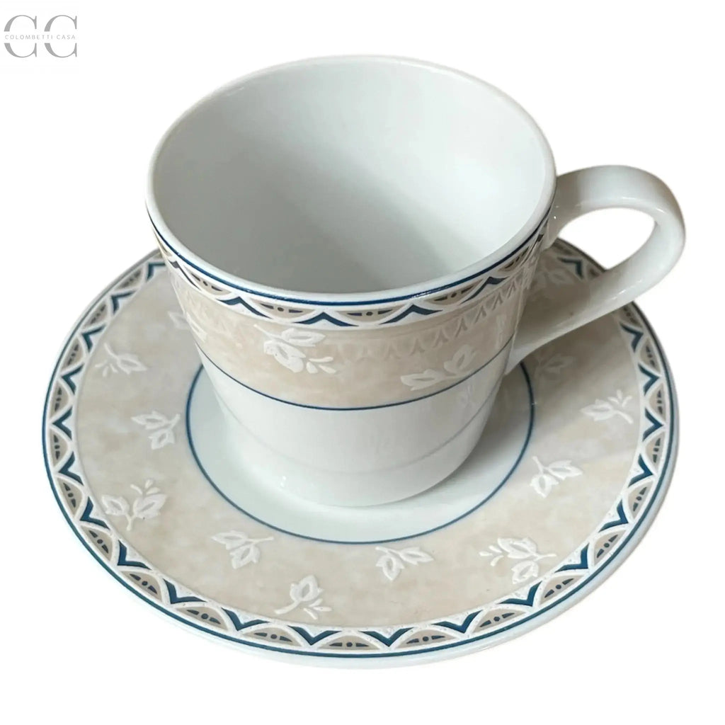 Set 6 tazze da caffè con bordo con foglioline bianche su fascia color crema e blu Klöster Porzellan