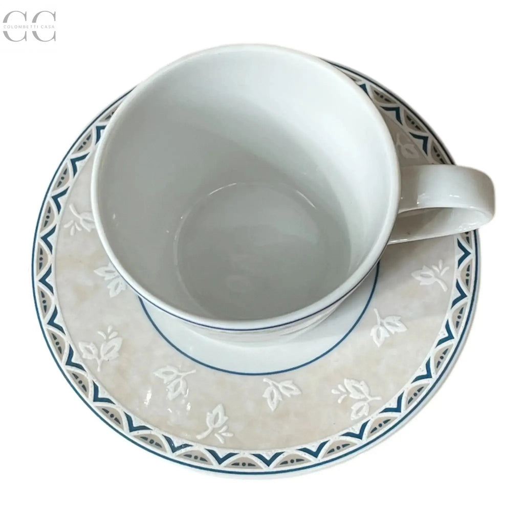 Set 6 tazze da caffè con bordo con foglioline bianche su fascia color crema e blu Klöster Porzellan