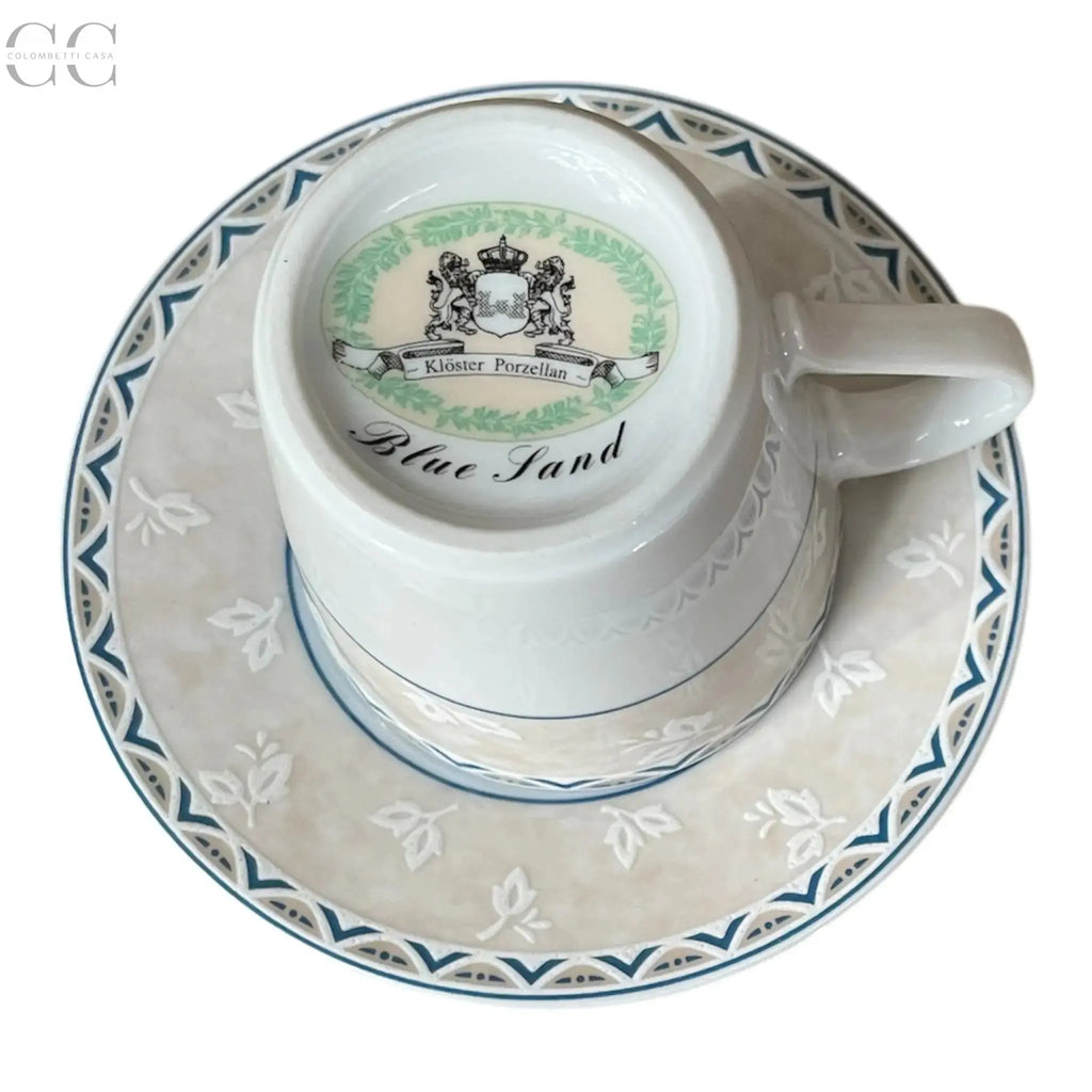 Set 6 tazze da caffè con bordo con foglioline bianche su fascia color crema e blu Klöster Porzellan