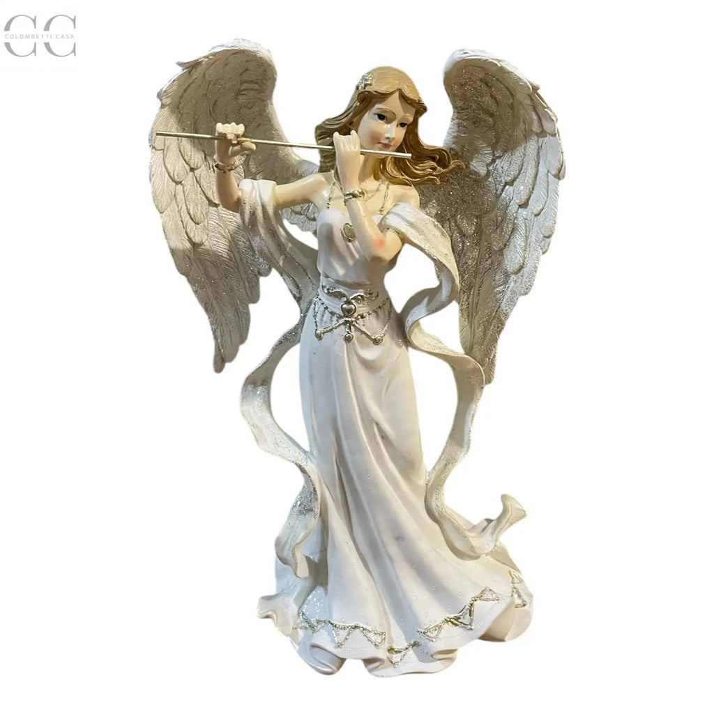 Angelo in resina con flauto e abito bianco Colombetti Casa