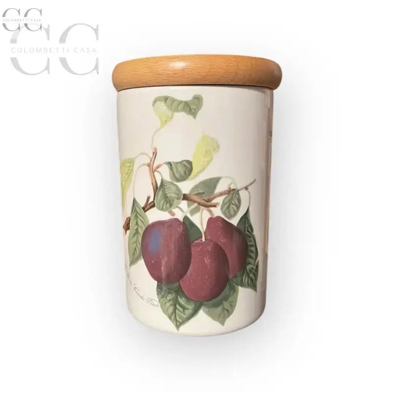 Barattolo in ceramica cilindrica con coperchio di legno e design rami di prugno