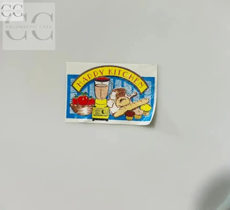 Adesivo colorato Happy Kitchen su barattolo in porcellana bianca con tappo in legno