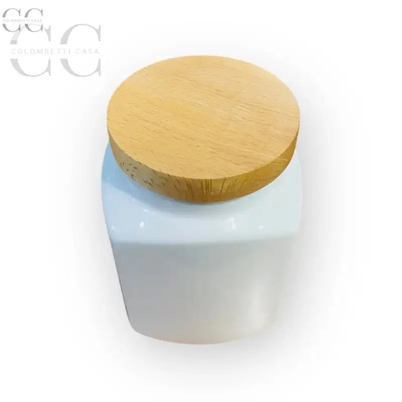 Barattolo in porcellana bianca con tappo in legno Happy Kitchen per la cucina