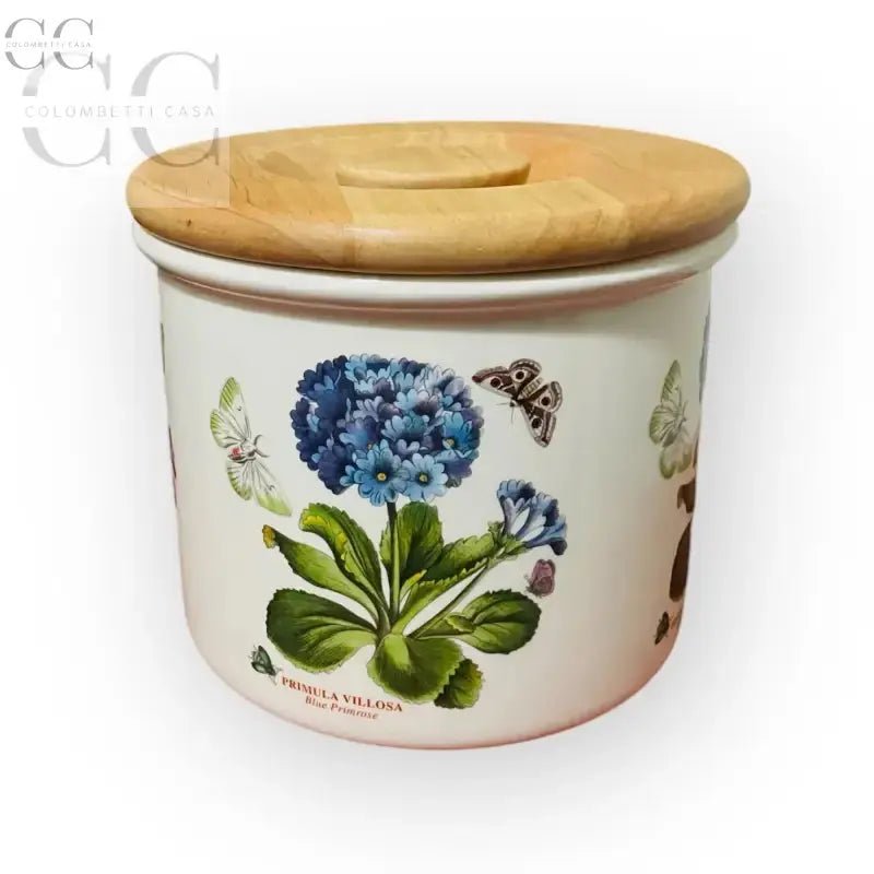 Barattolo decorato con fiori e coperchio in legno della Portmeirion Botanic Garden