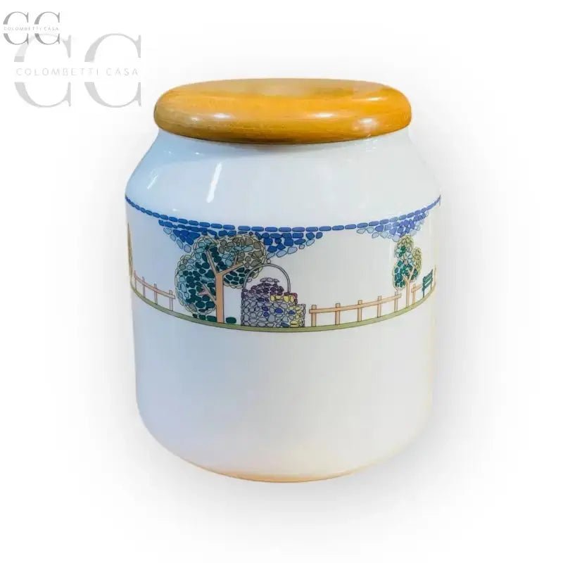 Barattolo in ceramica con coperchio in legno e scena di giardino, Biscottiera Weissestal