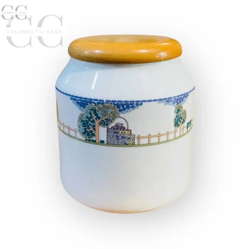 Barattolo in ceramica con coperchio di legno e scena di giardino, Biscottiera decoro country