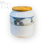 Barattolo in ceramica con coperchio di legno e scena di giardino, Biscottiera decoro country