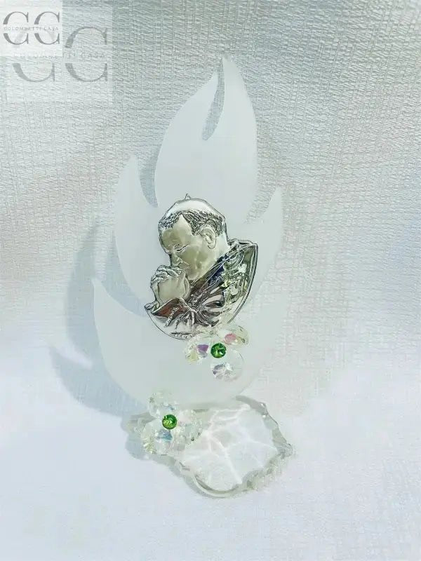 Figura religiosa di Papa Giovanni Paolo II con cristalli e base in vetro