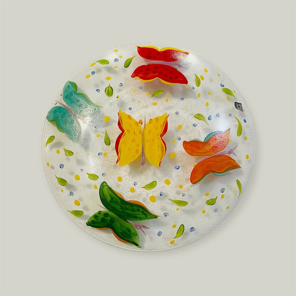 Piatto in vetro con farfalle dipinto a mano Pitti