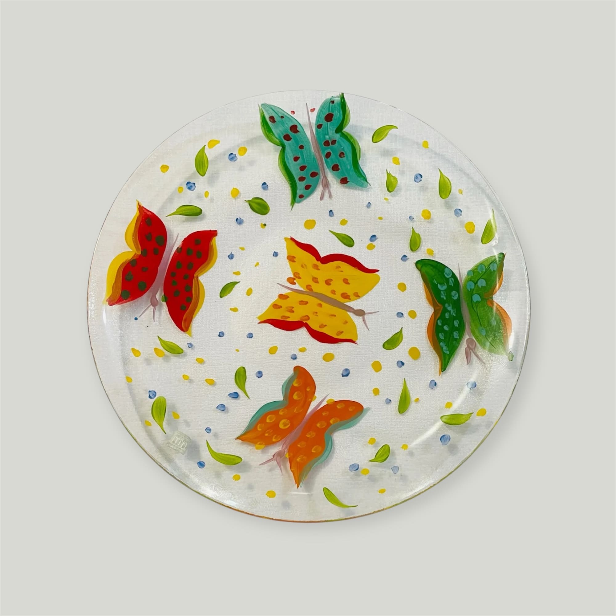 Piatto in vetro con farfalle dipinto a mano Pitti