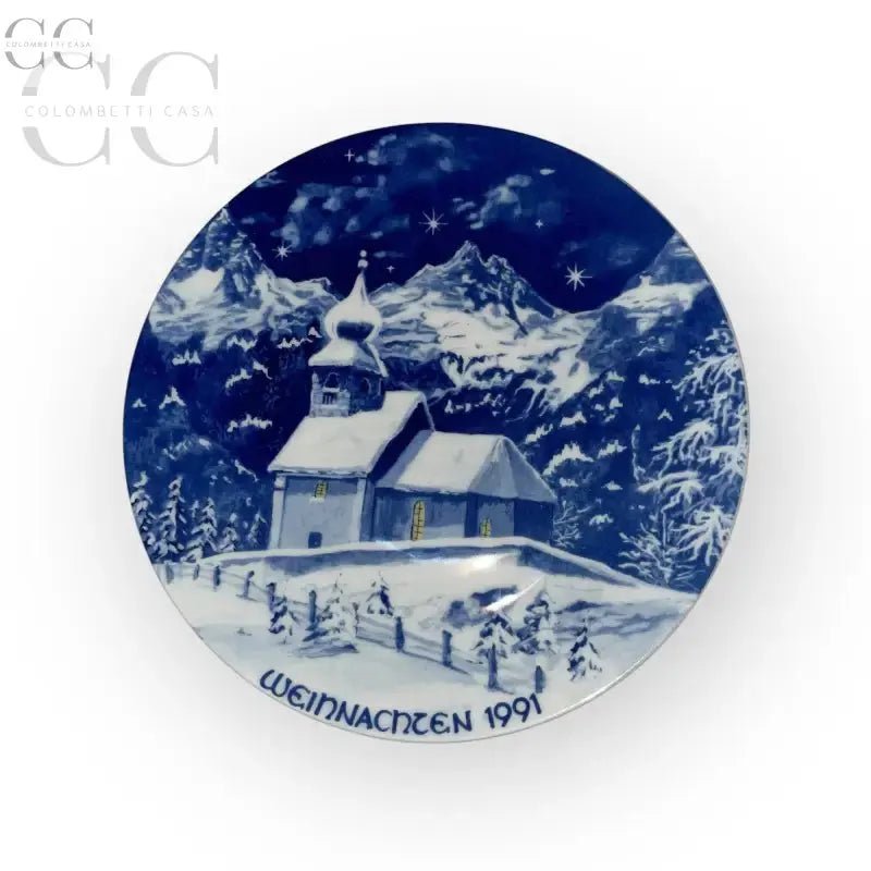 Piatto Natale 1991 porcellana Scherzer Bavaria in blu e bianco per feste natalizie