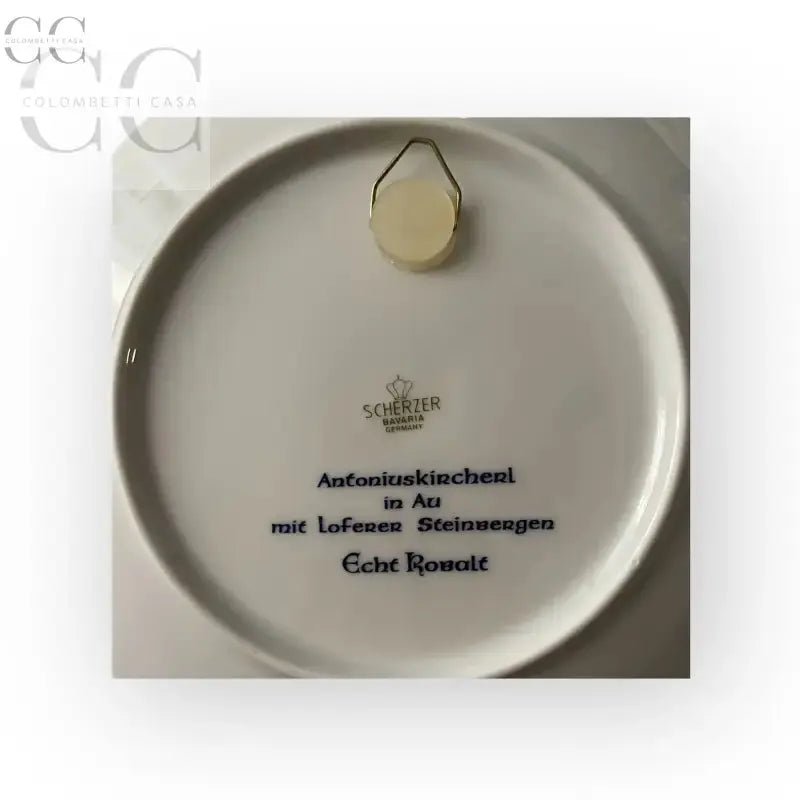 Piatto Natale 1991 in porcellana Scherzer Bavaria con testo blu su fondo bianco