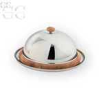 Bello piatto in acciaio con legno per tazze e tazzine, design Serafino Zani