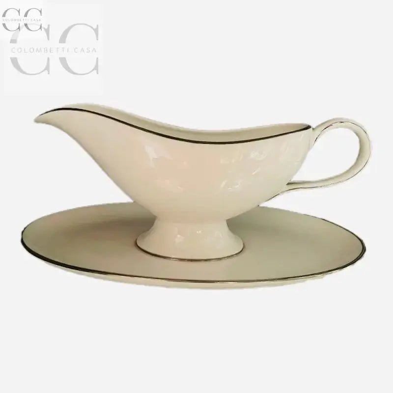 Salsiera porcellana Bone China Bianca filo platino Richard Ginori su piattino bianco