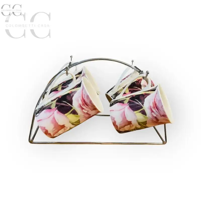Set di tazze floreali in porcellana con supporto metallico Finecasa