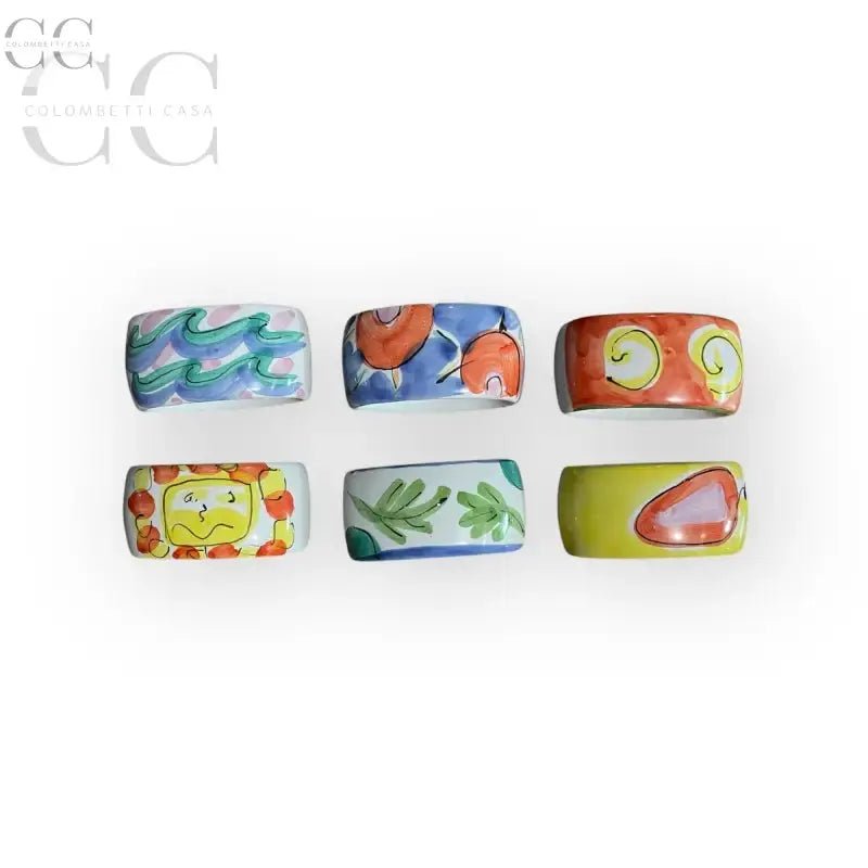 Set di sei portatovaglioli in ceramica decorata a mano, colorati e unici