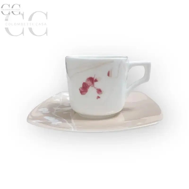 Tazzina Richard Ginori con design floreale rosa su piattino perlato