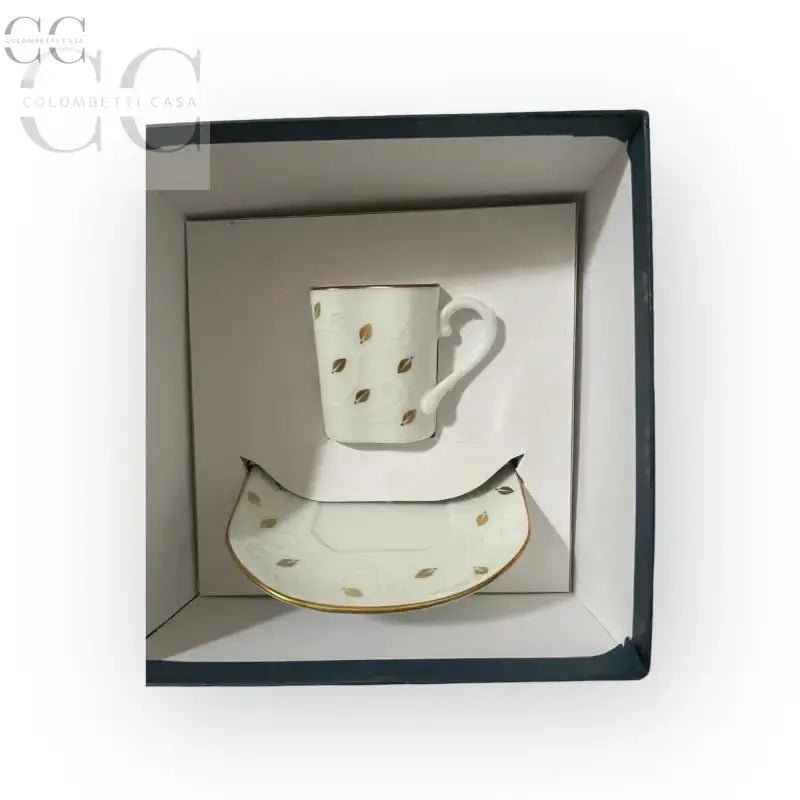 Tazza caffè Richard Ginori con foglie in oro, piatto coordinato in porcellana