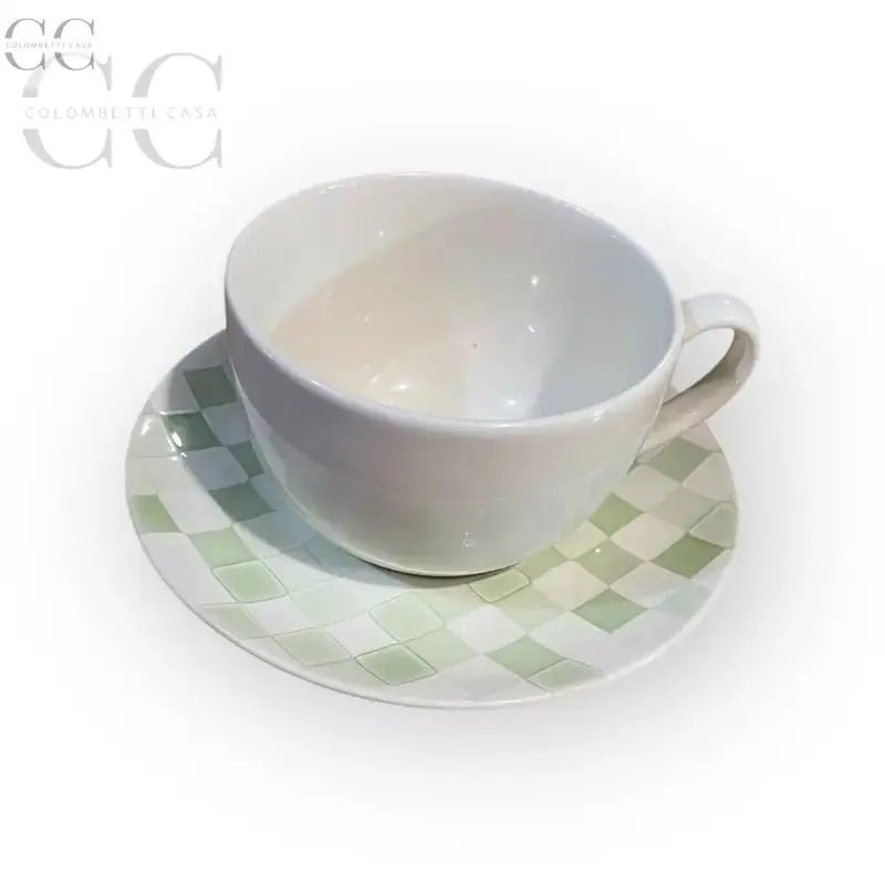 Tazza colazione jumbo bianca con piatto quadretti verdi Rose&Tulipani in ceramica