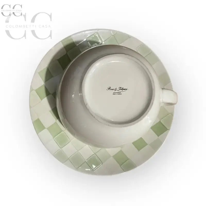 Tazza colazione jumbo con piatto quadretti verdi ceramica Rose&Tulipani