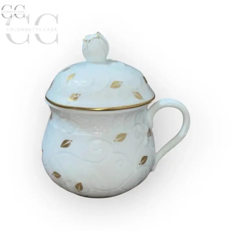 Zuccheriera in porcellana bianca con accenti dorati, Richard Ginori Tazza con coperchio