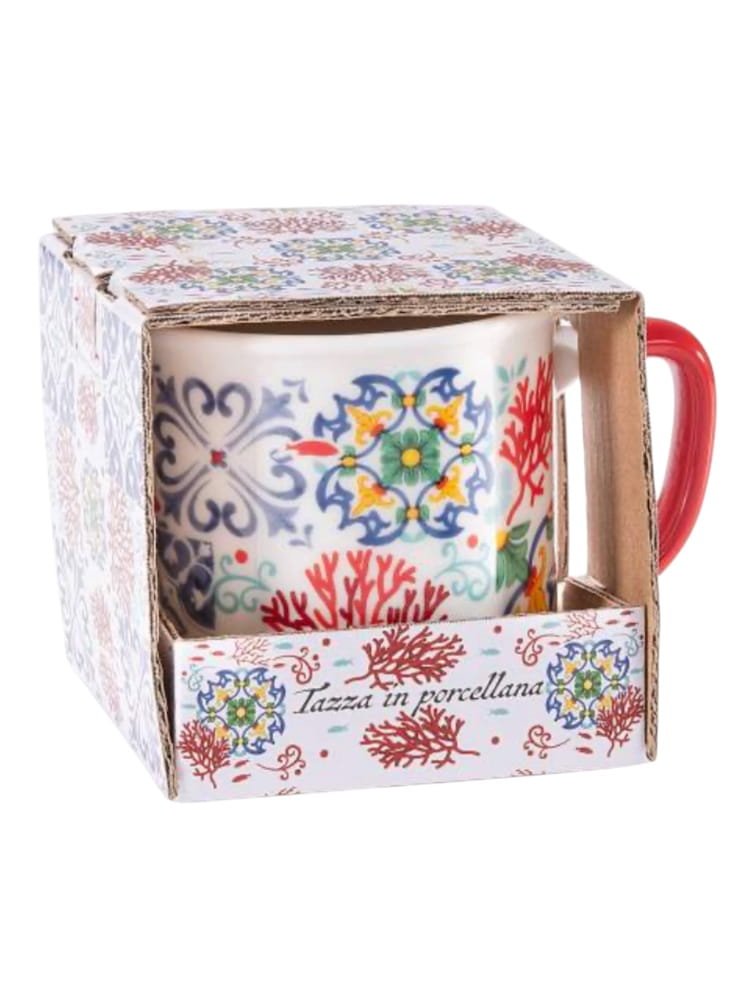 Tazza mug in porcellana decoro maiolica e corallo