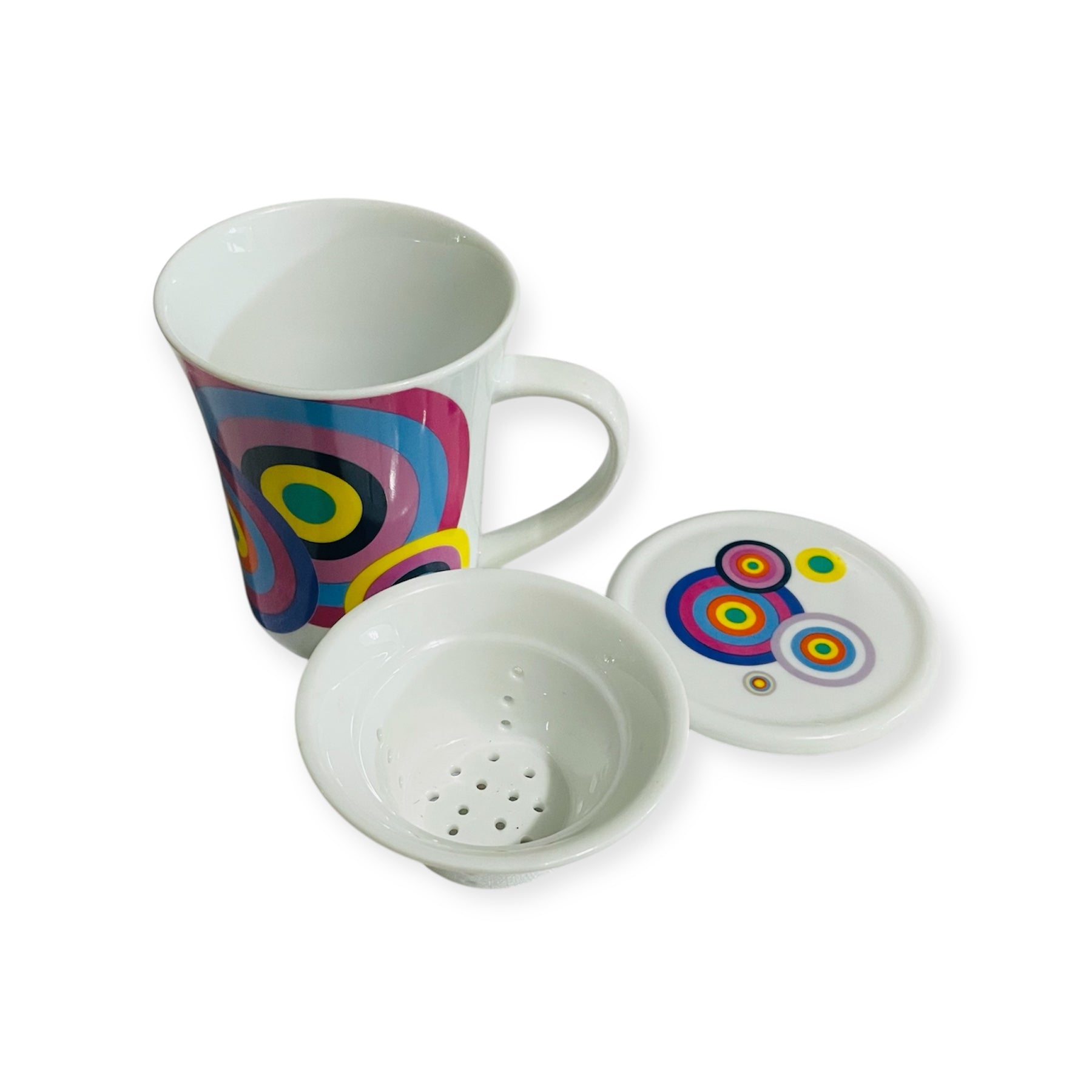 Tazza tisana multicolor con filtro e coperchio in porcellana