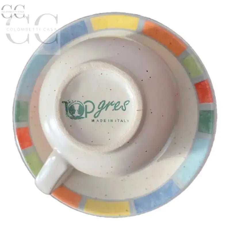 Tazza caffè vintage in gres porcellanato con bordo colorato e piattino coordinato