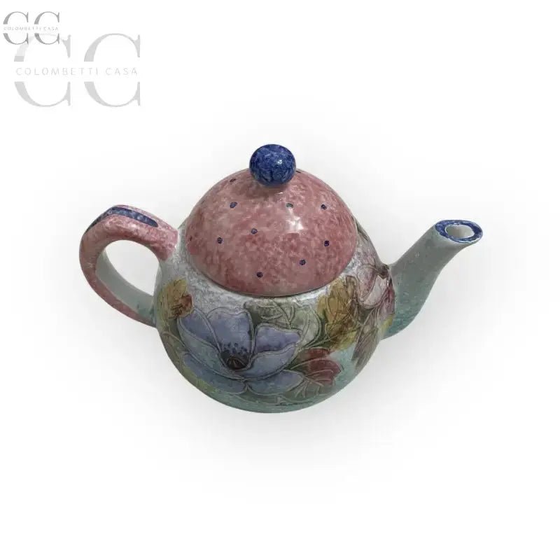 Teiera in ceramica decorata a mano Italica Ars con coperchio rosa e motivi floreali