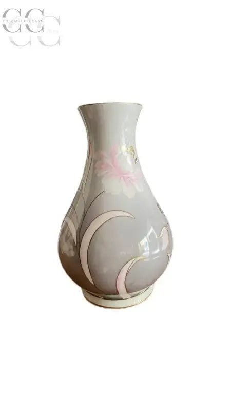 Vaso porcellana di Limoges decorato a mano con motivi floreali grigi
