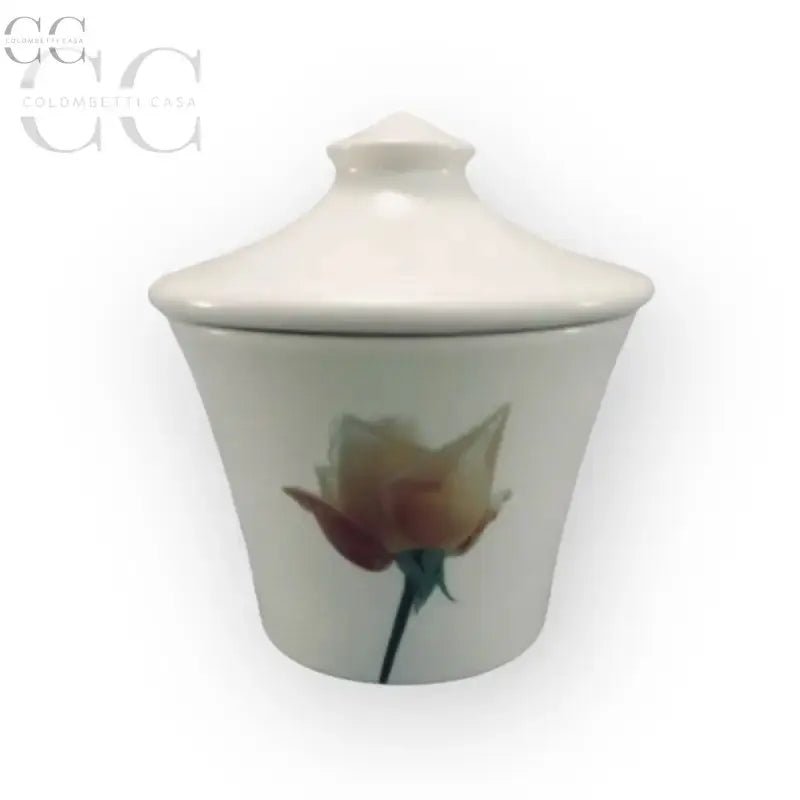 Barattolo in ceramica bianca con design di rose, parte della collezione Tazze di Ella Doran